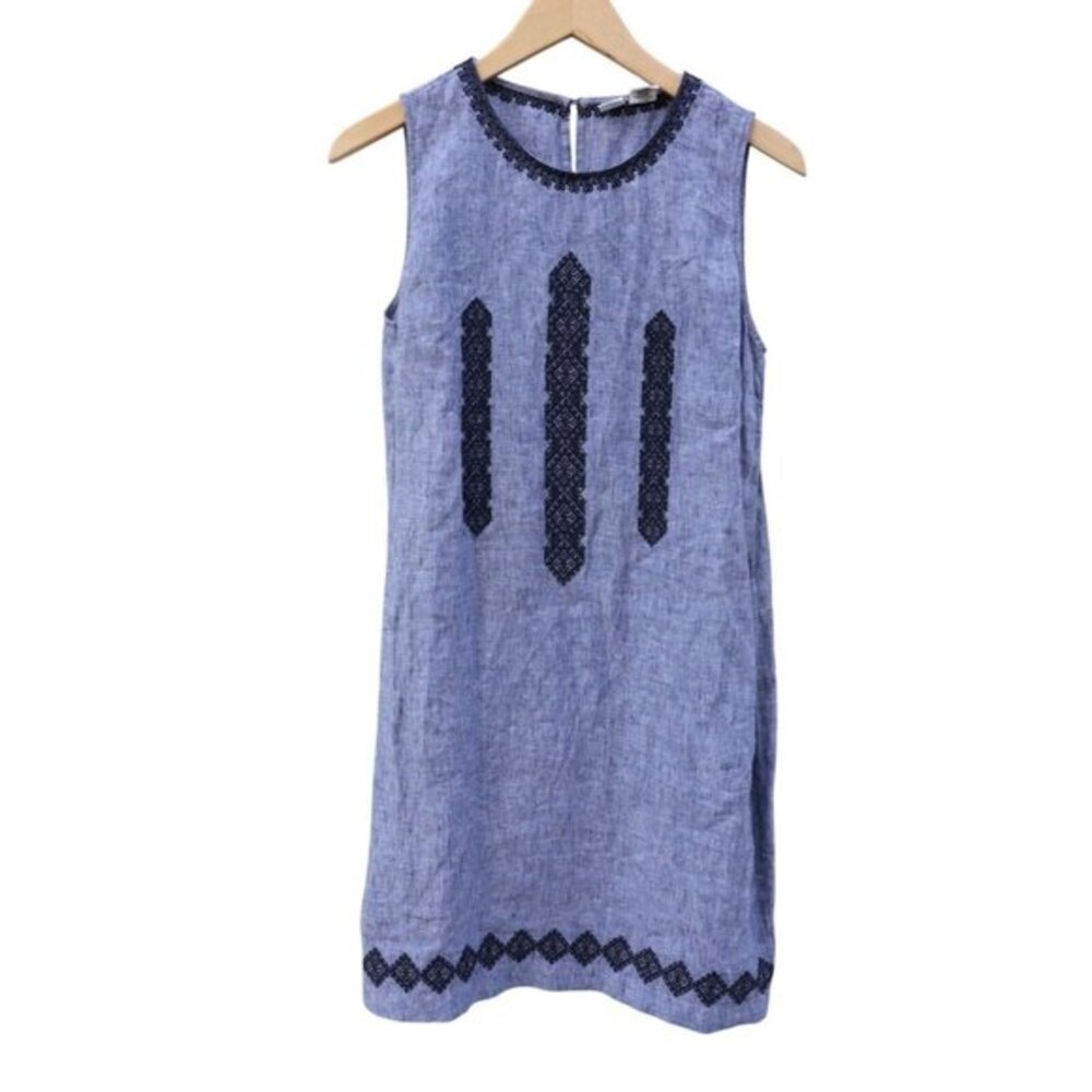 Artisan NY Linen Dress Navy Blue Embroidered Short Sheath Button Back Sleeveless